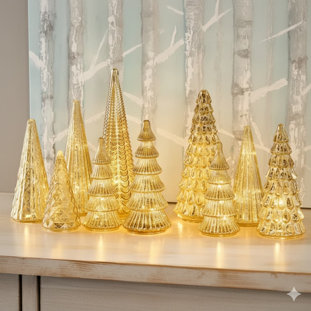 Conjunto de Árvores Iluminadas - Vidro mercúrio com detalhes texturizados